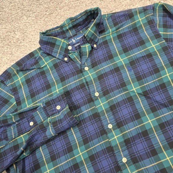 Ralph Lauren Shirt Mens Large Green‎ Blue Plaid Classic Button Up Long Sleeve - Picture 1 of 11